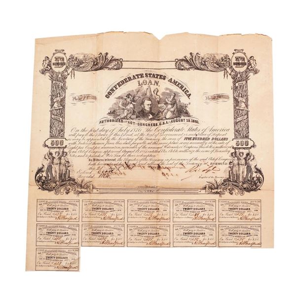 1862 $500 Confederate Bond Obsolete Sheet B-58