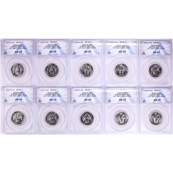 Lot of (10) 2020-W American Samoan Fruit Bat V75 WWII Quarters ANACS MS65