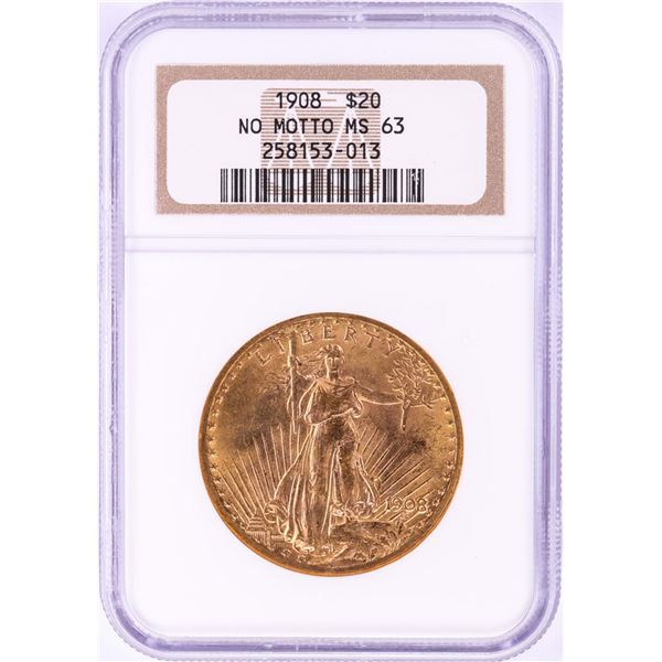 1908 No Motto $20 St. Gaudens Double Eagle Gold Coin NGC MS63