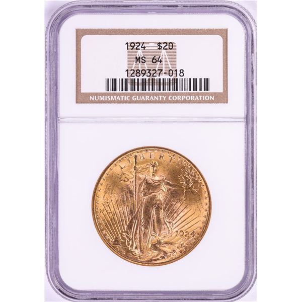 1924 $20 St. Gaudens Double Eagle Gold Coin NGC MS64