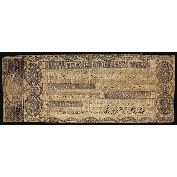 1811 $5 Hall & Augusta Bank Massachusetts Obsolete Banknote