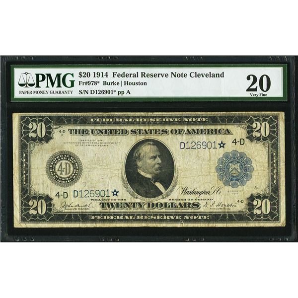 1914 $20 Federal Reserve STAR Note Cleveland Fr.978* PMG Very Fine 20