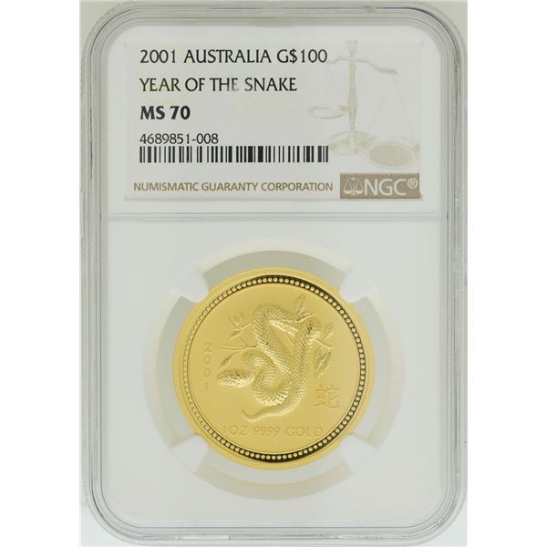 2001 $100 Australia Year of the Snake Gold Coin NGC MS70