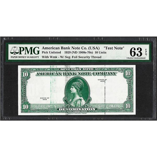 1929 10 Unit American Bank Note Co. "Test Note" PMG Choice Uncirculated 63EPQ