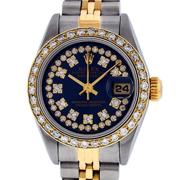 Rolex Ladies Two Tone Blue Diamond Quickset Oyster Perpetual Datejust Wristwatch