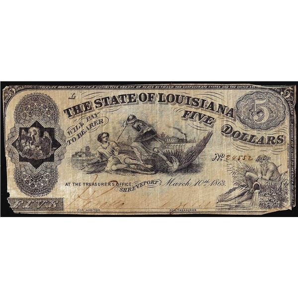 1863 $5 The State of Louisiana Baton Rouge, LA Obsolete Banknote