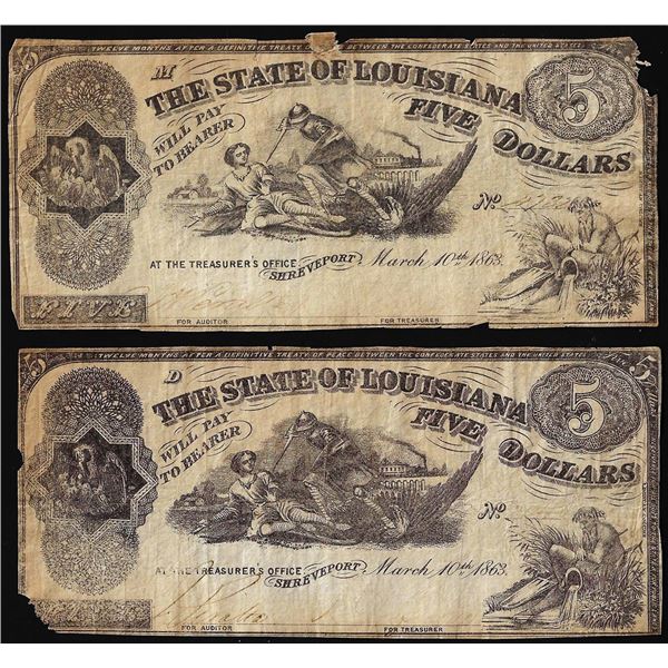 Lot of (2) 1863 $5 The State of Louisiana Baton Rouge, LA Obsolete Banknotes