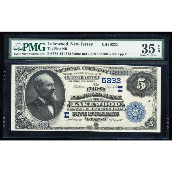 1882VB $5 NB of Lakewood, NJ CH# 5232 National Bank Note PMG Choice Very Fine 35EPQ