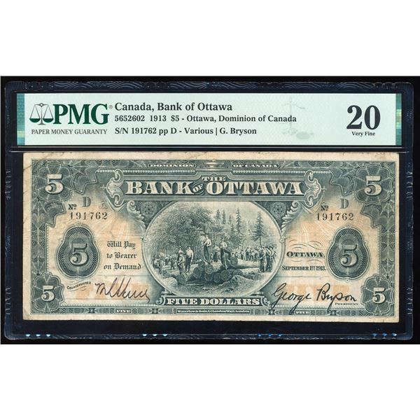 1913 $5 Bank of Ottawa, Dominion of Canada Bank Note PMG Very Fine 20