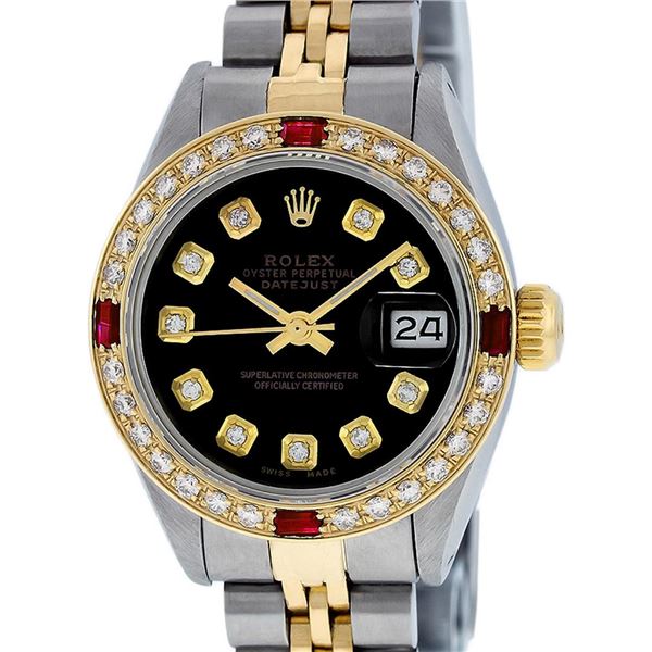 Rolex Ladies Two Tone Black Diamond & Ruby Oyster Perpetual Datejust Watch