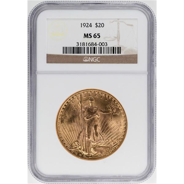 1924 $20 St. Gaudens Double Eagle Gold Coin NGC MS65