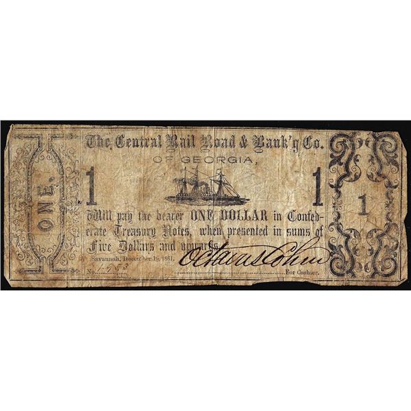 1861 $1 The Central Rail Road & Bank'g Co Savannah, Georgia Obsolete Banknote