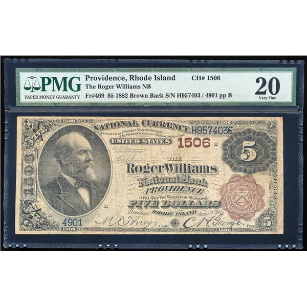 1882BB $5 Roger Williams NB Providence, RI CH# 1506 National Note PMG Very Fine 20