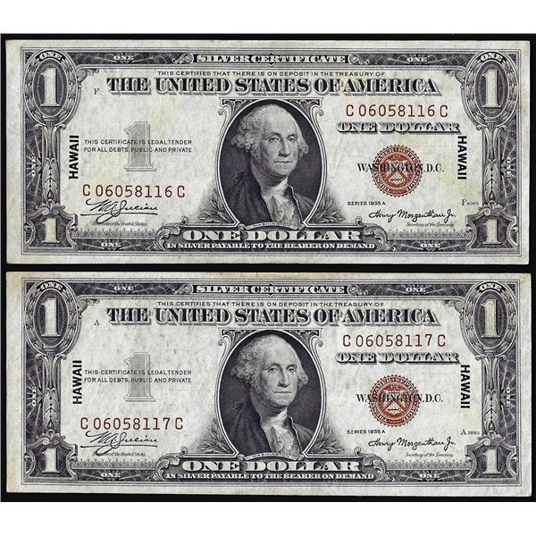 Lot of (2) Consecutive 1935A $1 Hawaii WWII Emergency Issue Silver Certificate Notes