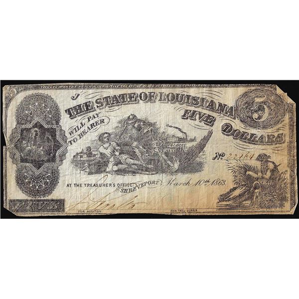 1863 $5 The State of Louisiana Baton Rouge, LA Obsolete Banknote