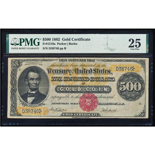 1882 $500 Gold Certificate Note Fr.1216a PMG Very Fine 25