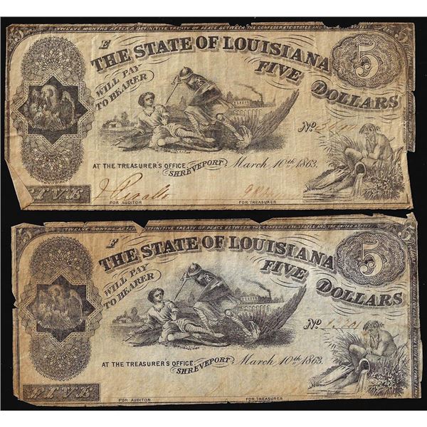 Lot of (2) 1863 $5 The State of Louisiana Baton Rouge, LA Obsolete Banknotes
