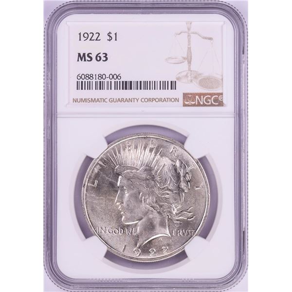 1922 $1 Peace Silver Dollar Coin NGC MS63