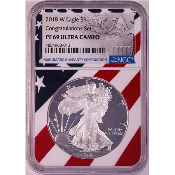 2018-W $1 Proof American Silver Eagle Coin NGC PF69 Ultra Cameo Congratulations Flag