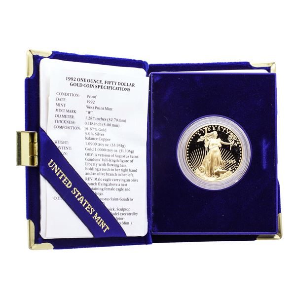 1992 $50 Proof American Gold Eagle Coin with Box & COA