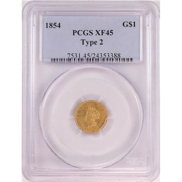 1854 Type 2 $1 Indian Princess Head Gold Dollar Coin PCGS XF45