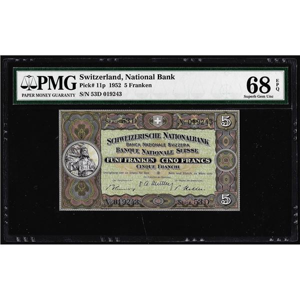 1952 Switzerland 5 Franken Note Pick# 11p PMG Superb Gem Uncirculated 68EPQ