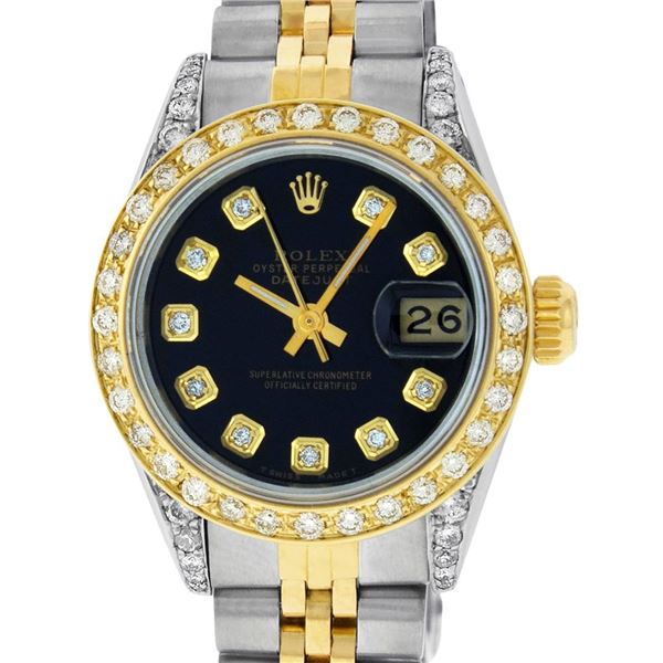 Rolex Ladies Two Tone Black Diamond Datejust Wristwatch Oyster Perpetual