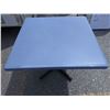 Image 1 : Heavy black metal base square table w/ blue fibre glass table top approx 3 1/2 ft by 3 1/2 from the