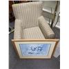 Image 1 : Pin striped upholstered accent chair/ framed floral print & brass coat tree from the popular sci-fi