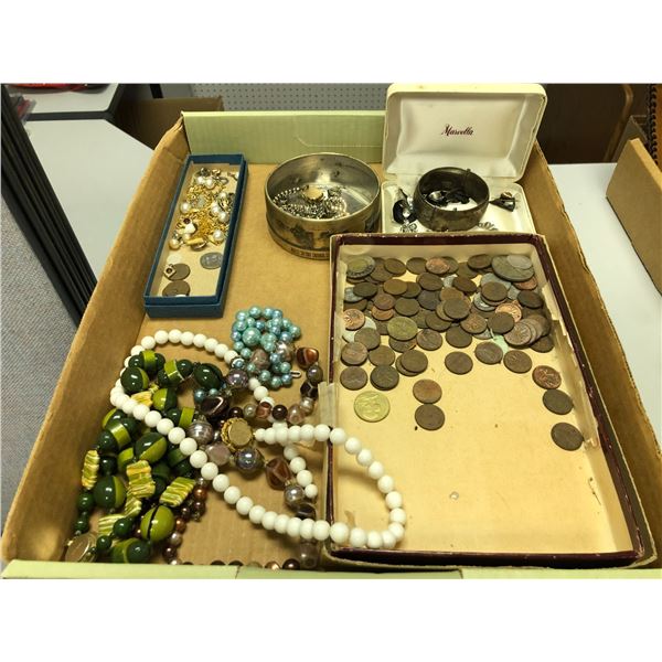 A box of assorted Jewelry & coins from the show
