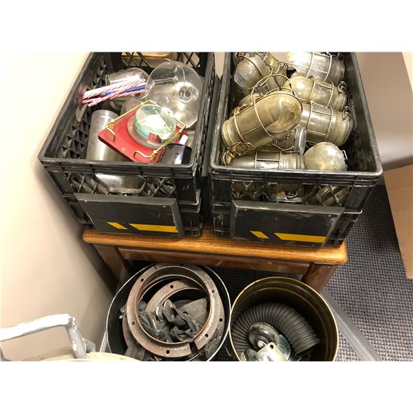 2 black milk crates & 2 metal containers filled with assorted props from popular sci-fi series