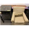 Image 1 : Pin striped upholstered chair, 2 black IKEA end tables and 1 office credenza from the show
