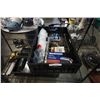 Image 1 : Folding crate of funnels, saw blades, laser level and more