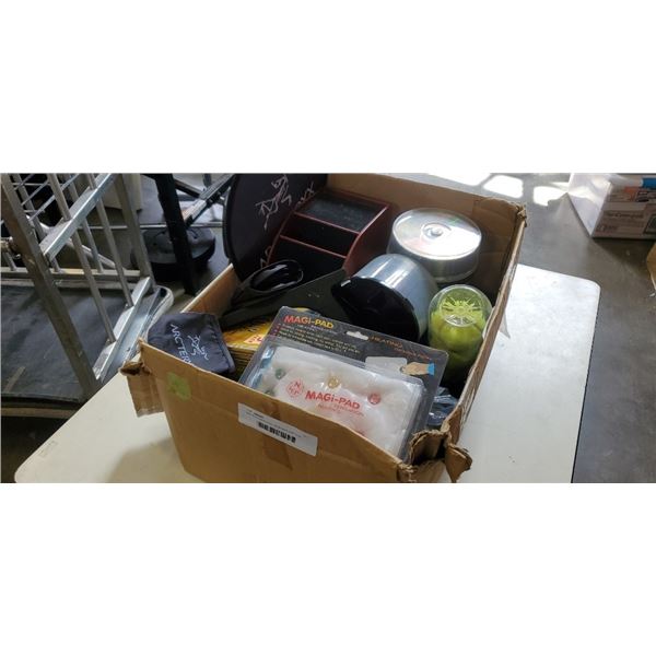 Box of writeable CDs, tennis balls and more