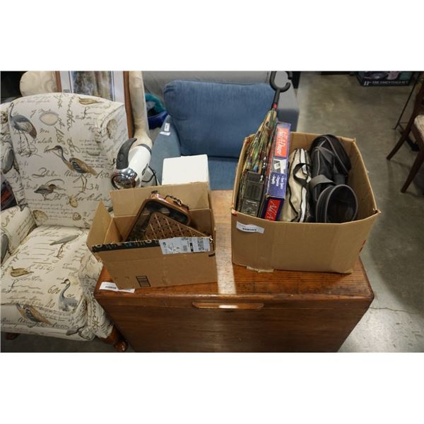 2 BOXES COPPER DECOR, UTENSILS, SCREEN NETTING, UMBRELLA, SUNBEAM MIXER, SCALE AND WALKIE TALKIES