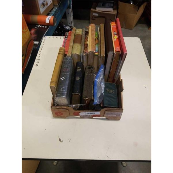 Box of antique books including holy bible