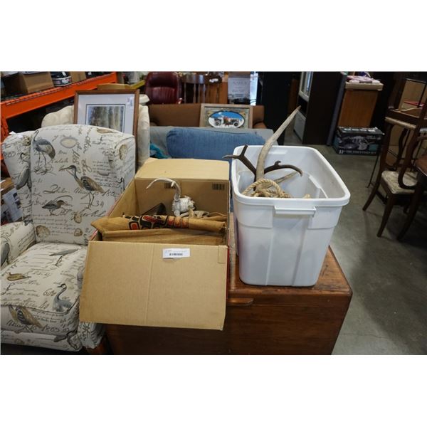 BOX AND BIN OF ANTLERS, FIRST NATIONS ART, WOOD FISHING FLOATS AND ROPE