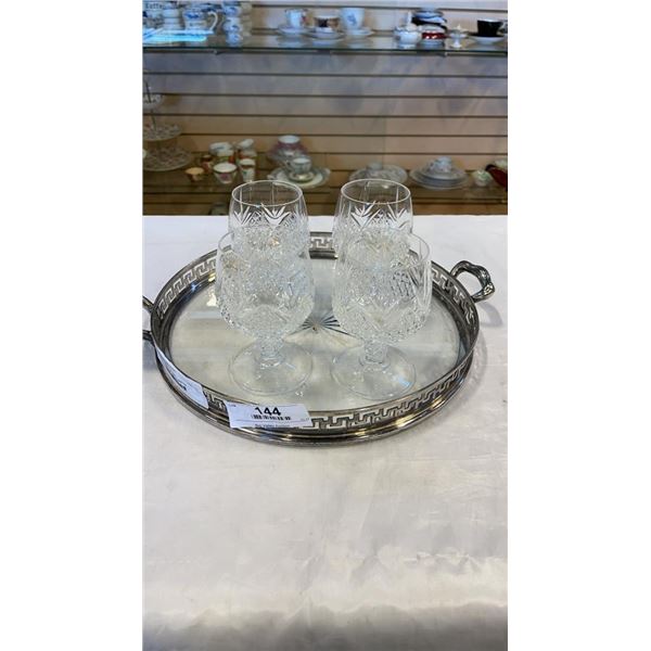 Silverplate rim and crystal vase handled tray with four Cristal wine stemware