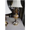 Image 2 : 2 TABLE LAMPS - GLASS TABLE LAMP WITH PENDENTS AND STONE AND BRASS BASE AND DECORATIVE TABLE LAMP