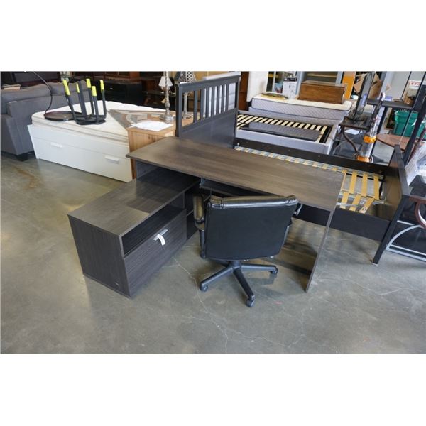 MODERN L DESK AND OFFICE CHAIR - 5 FOOT X 46 INCHES X 31 INCHES TALL