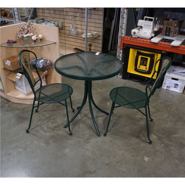 METAL GLASSTOP PATIO TABLE WITH 2 CHAIRS WITH TILE BACKS
