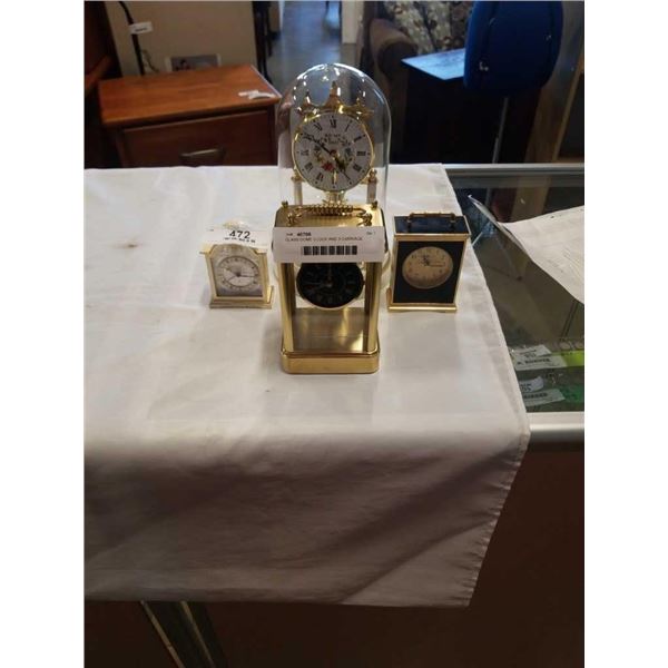 GLASS DOME CLOCK AND 3 CARRIAGE CLOCKS