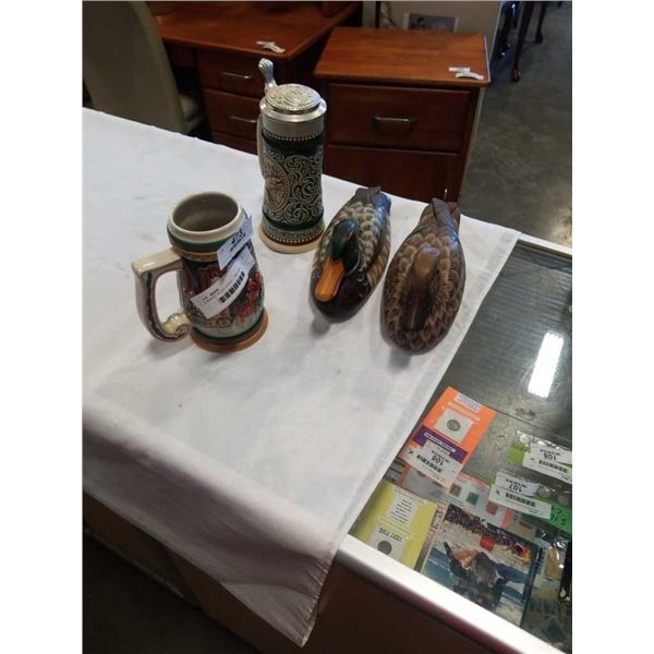 2 SIGNED WOOD DUCKS - ONE HAS DAMAGED BILL AND 2 STEINS
