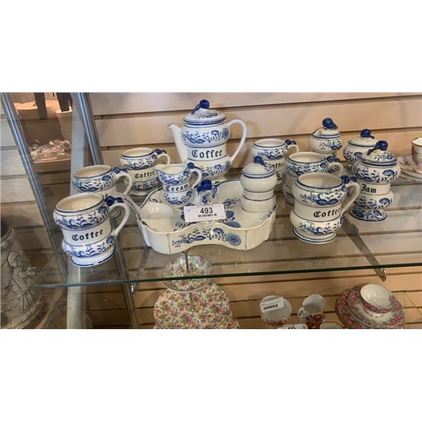 BLUE ONION COFFEE SERVING SET - INCLUDES COFFEE POT, MUGS, SERVING TRAY WITH CREAM AND SUGAR, JAM JE