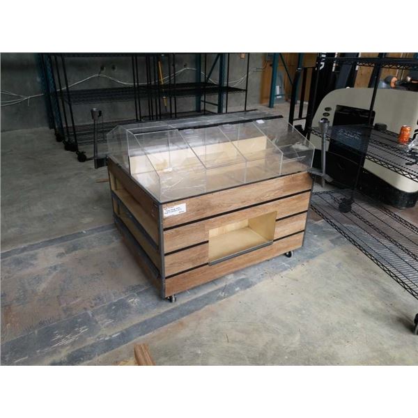 ROLLING WOOD MERCHANDISE TABLE  WITH BINS