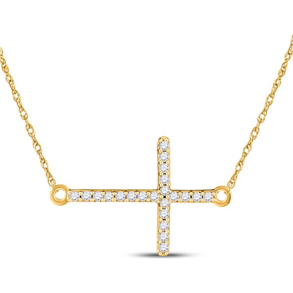 Round Diamond Horizontal Cross Necklace 1/20 Cttw 10KT Yellow Gold