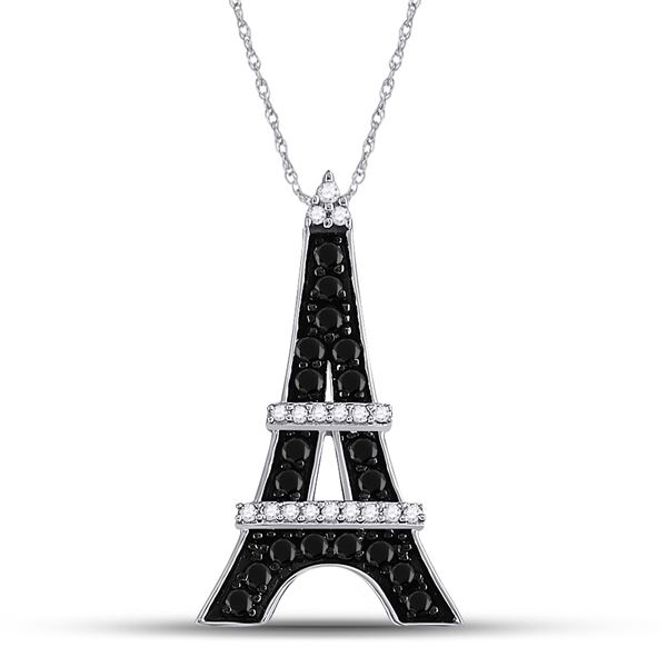 Black Color Enhanced Diamond Eiffel Tower Pendant 1/3 Cttw 10KT White Gold