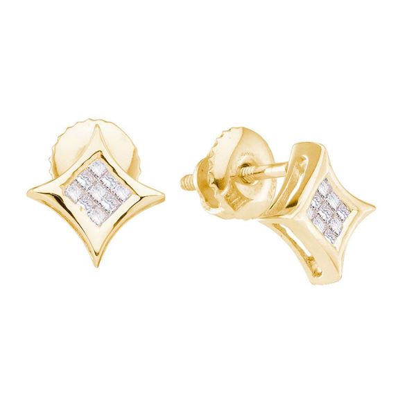 Princess Diamond Cluster Kite Square Earrings 1/6 Cttw 14KT Yellow Gold