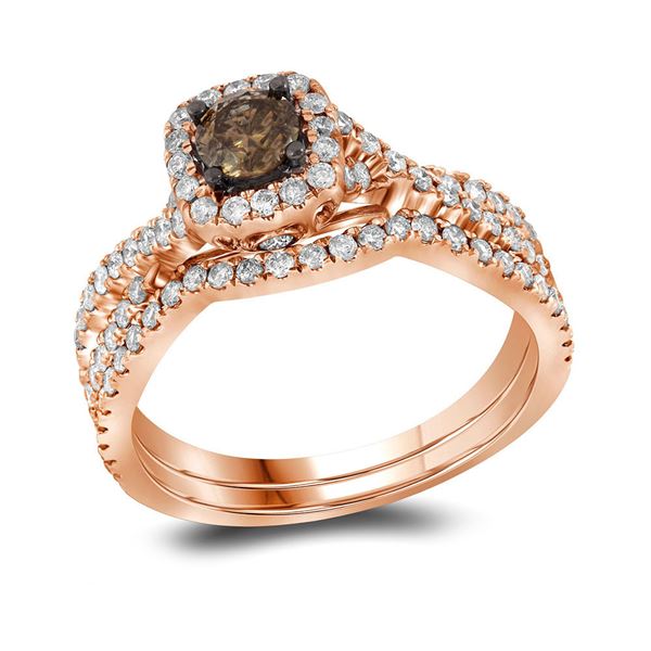 Round Brown Diamond Bridal Wedding Ring Band Set 1Cttw 14KT Rose Gold