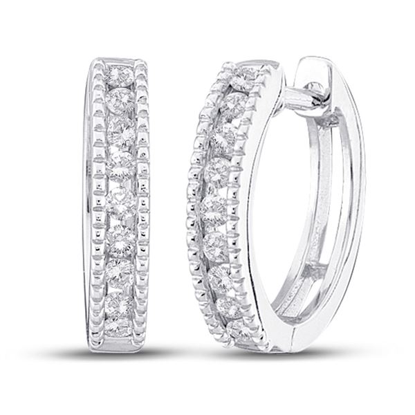 Round Diamond Milgrain Hoop Earrings 1/4 Cttw 10KT White Gold